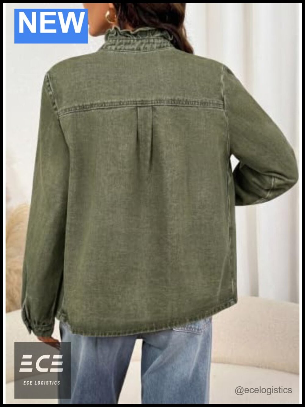 Button Down Ruffle Oversized Cropped Denim Jacket - Picture 4 of 6